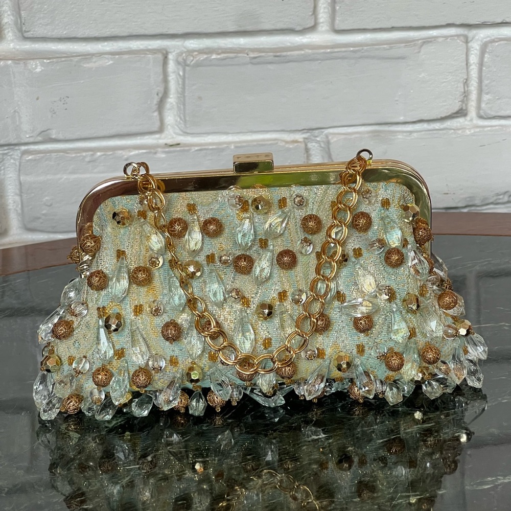 Embellished Mint Beaded Frame Clutch with Gold Chain